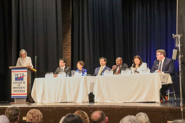 California’s District 7 Congressional Candidates, from left, Enayat Nazhat, Doris Matsui, Zachariah Wooden, Ralph Nwobi, Mai Vang, and Robby Morin participate in a forum moderated by the League of Women Voters on April 2, 2026.