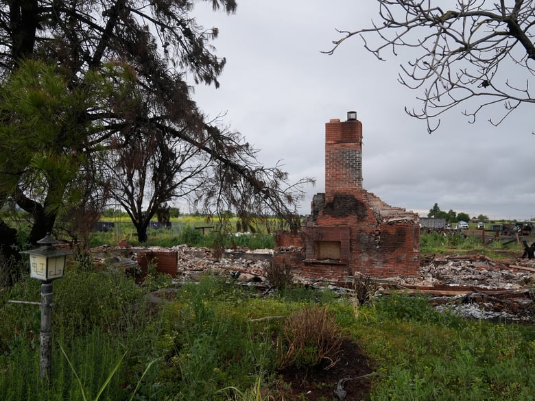 Property damage is shown at the location of a July 1, 2025, fireworks explosion in Esparto, Calif., Friday, April 10, 2026.