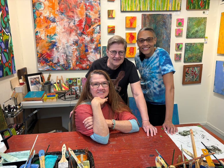 Artists Thelma Weatherford, Cathie James-Robinson and Schorré Oldham gather in Weatherford’s studio. The three women are leading and participating in the 2026 Davis Art Studio Tour May 16 and 17, 2026. Photo courtesy Davis Art Studio Tour