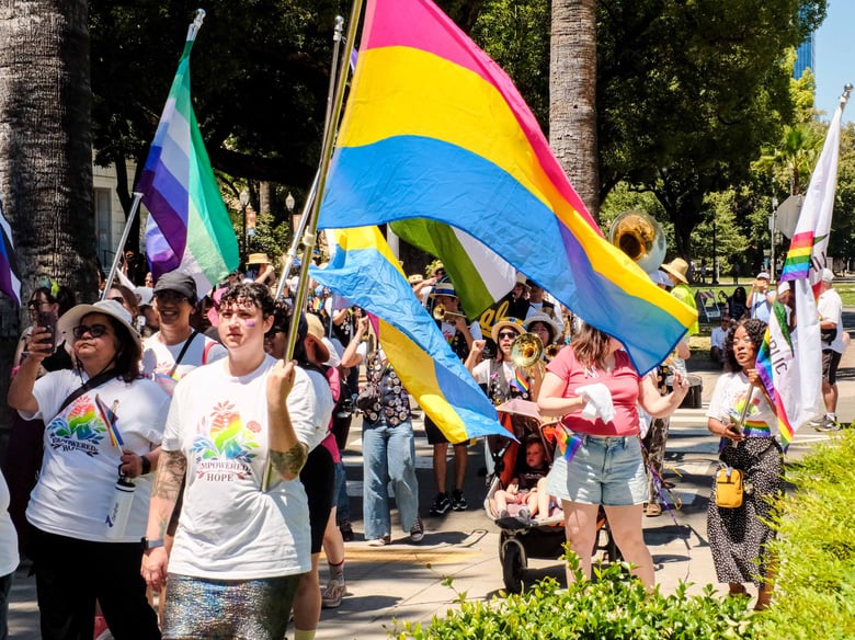 An attendee of the Sacramento Pride March waves a pansexual Pride flag with a crowd of other people attending the march on Sunday, June 14th, 2026. An attendee of the Sacramento Pride March waves a pansexual Pride flag with a crowd of other people attending the march on Sunday, June 14th, 2026.