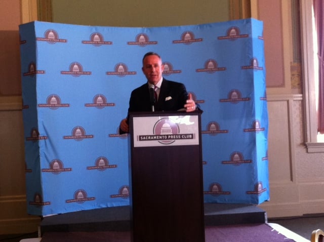 Senate President pro Tem Darrell Steinberg (D-Sacramento) discusses his carbon tax proposal for vehicle fuels at the Sacramento Press Club Thursday.
