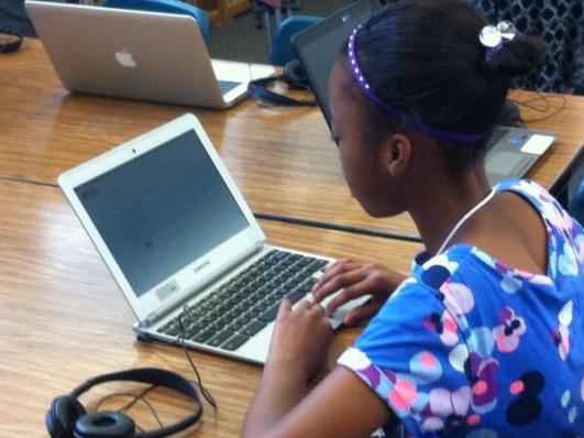 Sacramento fourth grader Aanyah Jacobs practices California’s new student assessment.