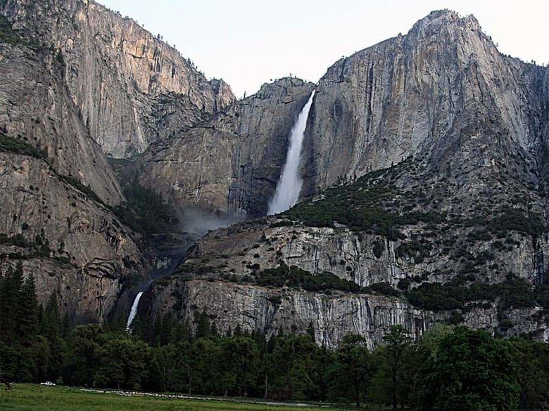 Yosemite Falls as seen from the Yosemite Valley floor in the early morning.