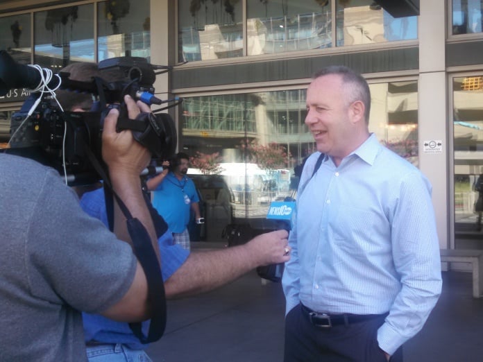 Sen. Darrell Steinberg speaks with the Sacramento media before leaving on a trip to Central America.