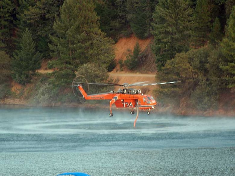 Sky Crane helicopter at Rollins Reservoir. 