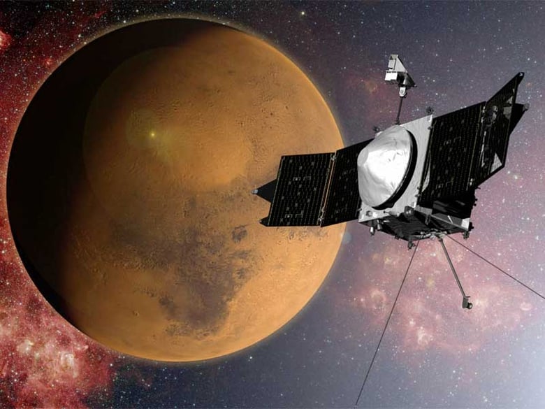 Artist's drawing of the MAVEN, as it enters the orbit around Mars. 