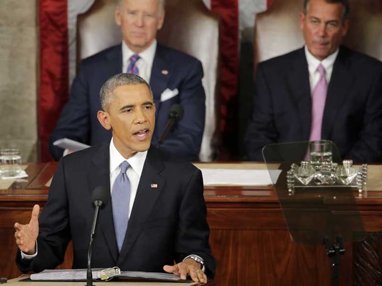 Vice President Joe Biden and House Speaker John Boehner listen as President Obama gives his State of the Union address Tuesday, Jan. 20, 2015.