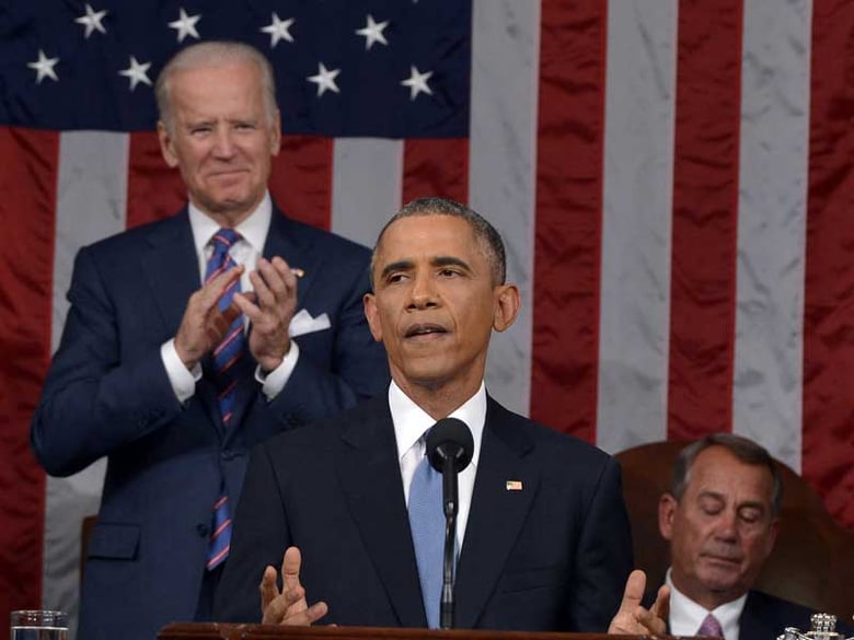 President Barack Obama delivers his State of the Union address to a joint session of Congress on Capitol Hill on Tuesday, Jan. 20, 2015, in Washington, as Vice President Joe Biden applauds and House Speaker John Boehner of Ohio, listens
