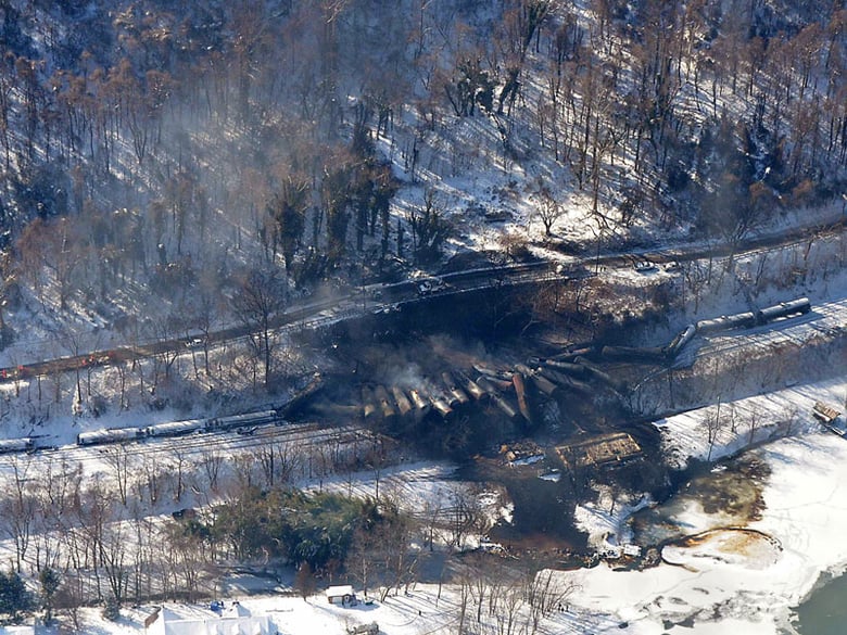 In this aerial photo made available by the Office of the Governor of West Virginia shows a derailed train in Mount Carbon, WV., Tuesday Feb. 17, 2015.