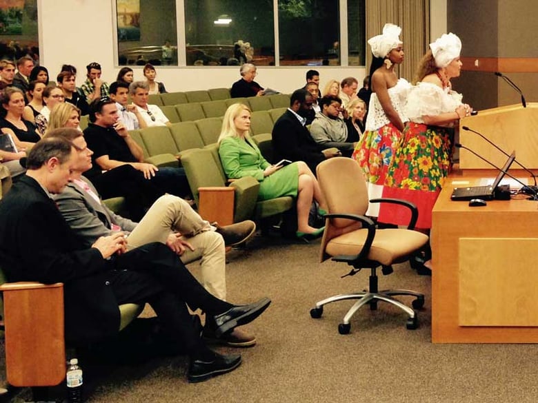 Members of the Brazilian center for cultural exchange of Sacramento address the city council Tuesday night in support of the refurbishing the Fremont School For Adults to create an arts center.
