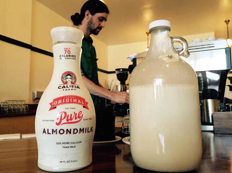 Califia almond milk and homemade almond milk used to prepare lattes and cappuccinos at the Mill coffee shop in Sacramento. 