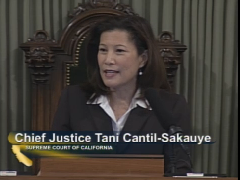 California Chief Justice Tani Cantil-Sakauye gives her annual State of the Judiciary address to a joint session of the California Legislature Monday.