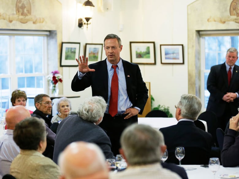 Former Maryland Gov. Martin O'Malley speaks to local residents during a fundraiser for Rep. Scott Ourth, D-Ackworth, Thursday, April 9, 2015, in Indianola, Iowa.