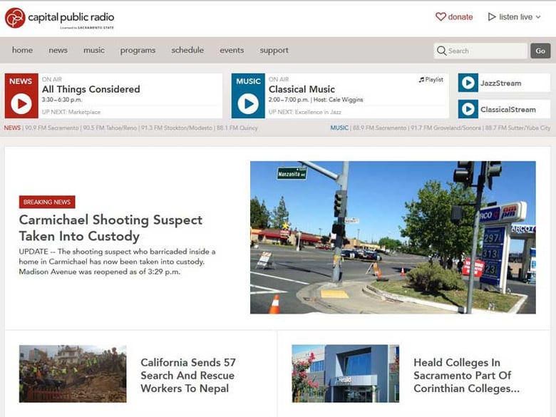 The new, "responsive" CapRadio home page as seen on a desktop browser.