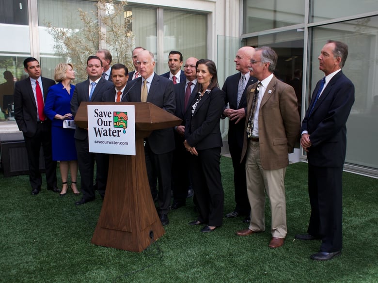 Gov. Jerry Brown announces his latest proposals in response to the drought at the state Capitol Tuesday, after meeting with mayors of 14 California cities.