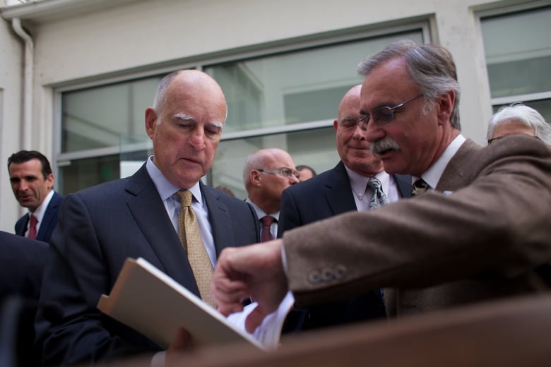 California Governor Jerry Brown meets with Livermore Mayor John Marchand.