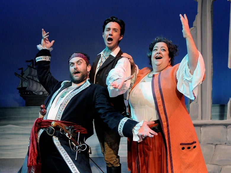 Michael RJ Campbell as the Pirate King, Zak Edwards as Frederic, and Martha Omiyo Kight as Ruth in "The Pirates of Penzance."