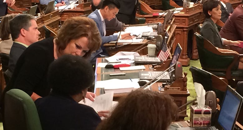 On the Assembly floor Tuesday afternoon, Asm. Shannon Grove (R-Bakersfield) asks Assembly Budget Chair Shirley Weber (D-San Diego) why chiropractic services were left out of a proposal to restore six optional Medi-Cal benefits.