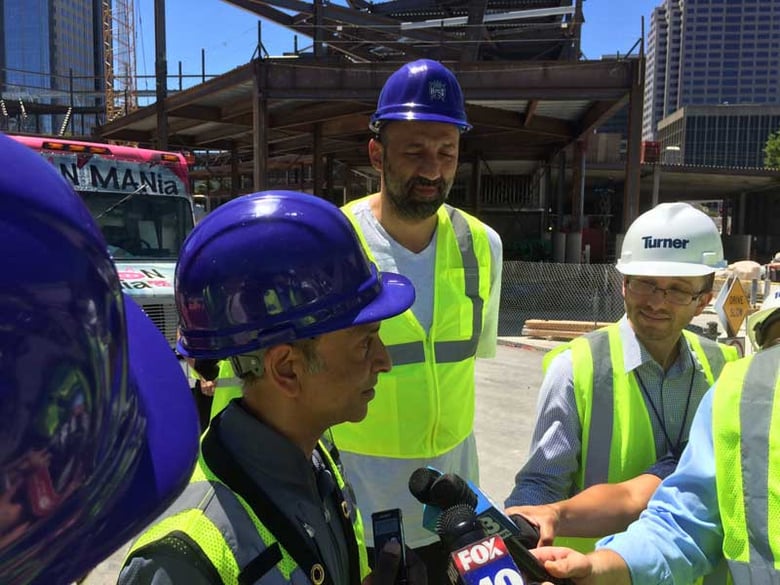 Kings majority owner Vivek Ranadive, left, and Vlade Divac, Vice President of Basketball Operations, address media rumors about player Demarcus Cousins and head coach George Karl during a press event at the arena construction site Tuesday. 