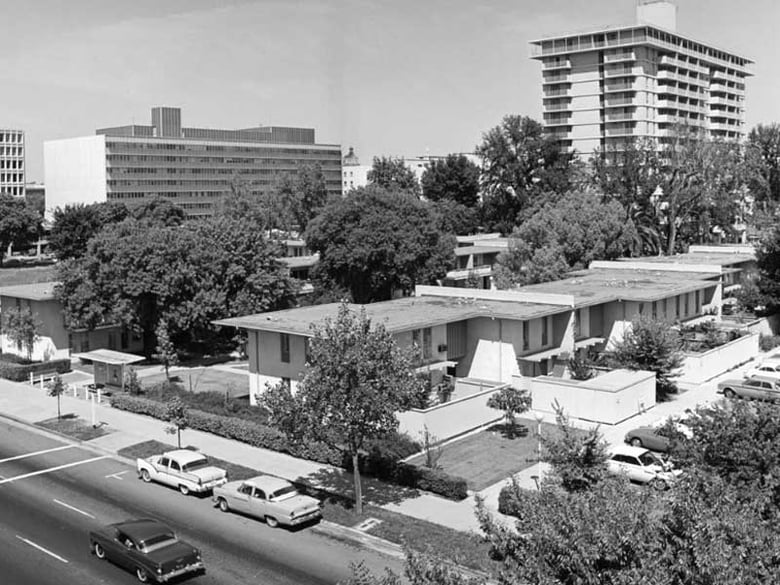 A 1957 photo showing part of the area that would be redeveloped to build at least 1,400 apartments and hotel rooms between Fifth and Seventh streets and N and P streets in downtown Sacramento. 