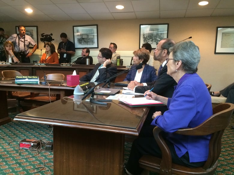 Sens. Loni Hancock (D-Oakland) and Jerry Hill (D-San Mateo), at right, present their bill in response to last month's deadly Berkeley balcony collapse in the Assembly Business and Professions Committee Tuesday.