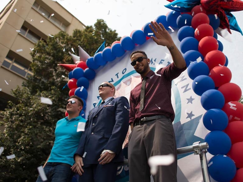 The three honorees in the Hometown Heroes parade, left to right, Alek Skarlatos, Spencer Stone and Anthony Sadler. 