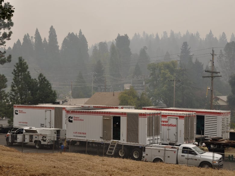 PG & E mobile emergency generation site, Pine Grove, California. Crews tied into the nearby substation, seen in this photo, to restore power after the Butte Fire destroyed power grid infrastructure. 