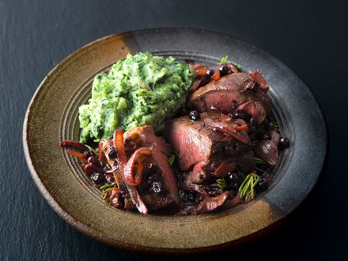 Icelandic venison tenderloin with mushrooms and blueberries, one of the many recipes in Hank Shaw's new book, Buck Buck Moose. 