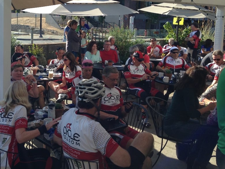 Members of the Cycle Folsom club packed the outdoor patio at Karen's Bakery in Folsom to await the announcement of Amgen Tour Of California 2016 host cities. They were not disappointed.