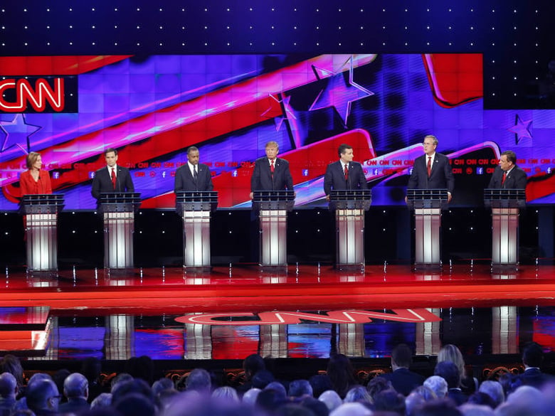 Republican presidential candidates, from left, John Kasich (not pictured), Carly Fiorina, Marco Rubio, Ben Carson, Donald Trump, Ted Cruz, Jeb Bush, Chris Christie, and Rand Paul (not pictured) at the CNN Republican debate, Dec. 15, 2015 in Las Vegas
