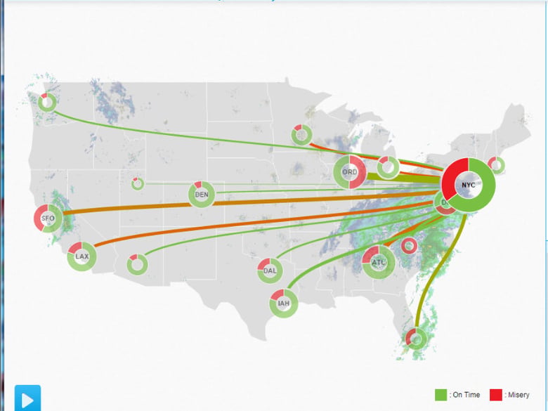 Screengrab of map from FlightAware showing on time, delayed and cancelled flights in the past four hours.