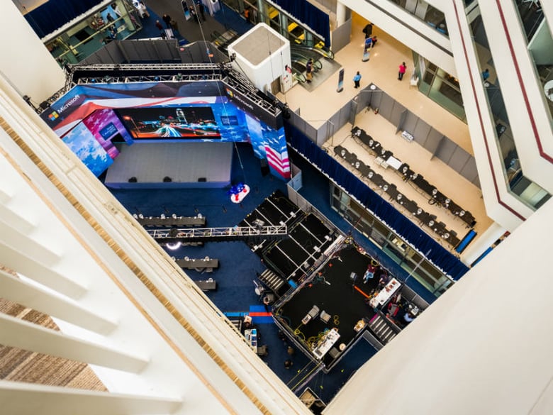 The media center for the Iowa Caucus is seen from seven floors above the live television area, Friday, Jan. 29, 2016 in Des Moines, Iowa.