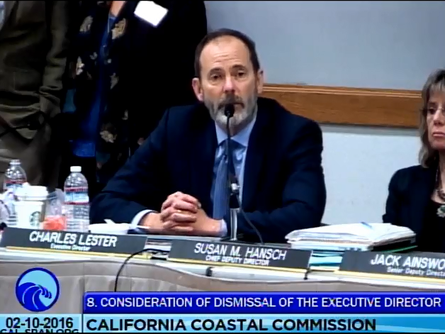 Charles Lester gives farewell remarks to the California Coastal Commission late Wednesday night after commissioners voted 7-5 in closed session to dismiss him as executive director.