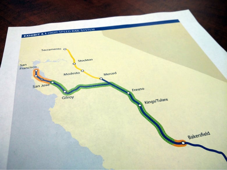 An exhibit of the High Speed Rail Authority's planned initial operating line.