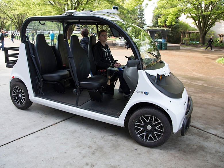 Brandon Moak, co-founder of Varden Labs, brings four seat electric self-driving car to Sac State campus to demonstrate the technology.