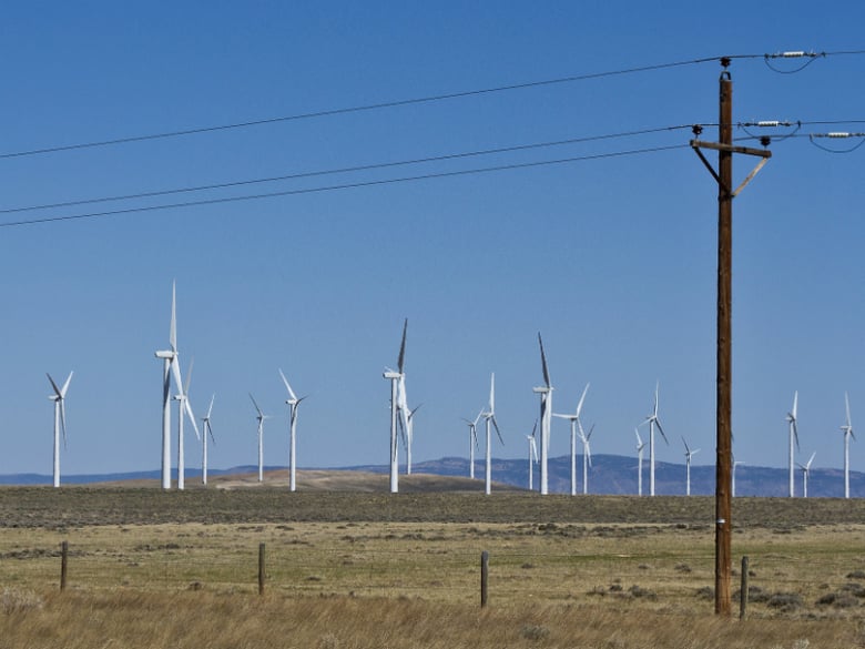 Turbines spin at the Medicine Bow Wind Project in Wyoming.