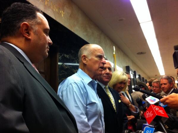 Gov. Jerry Brown and California legislative leaders announce a deal on prisons legislation earlier this month at the state Capitol.