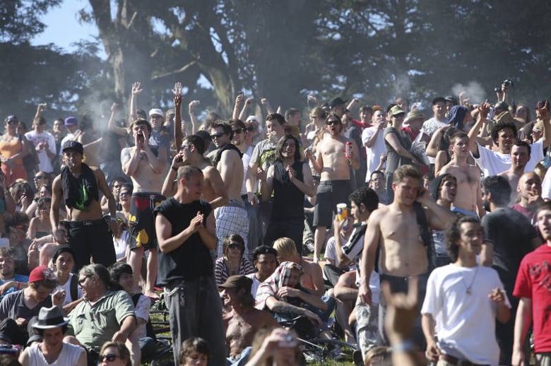 FILE - In this April 20, 2009 file photo, a large crowd cheers as the time reaches 4:20 p.m. on Hippie Hill in Golden Gate Park in San Francisco.