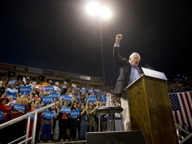 Democratic presidential candidate Sen. Bernie Sanders, I-Vt., acknowledges the crowd during a rally on Tuesday, May 17, 2016, in Carson, Calif. 