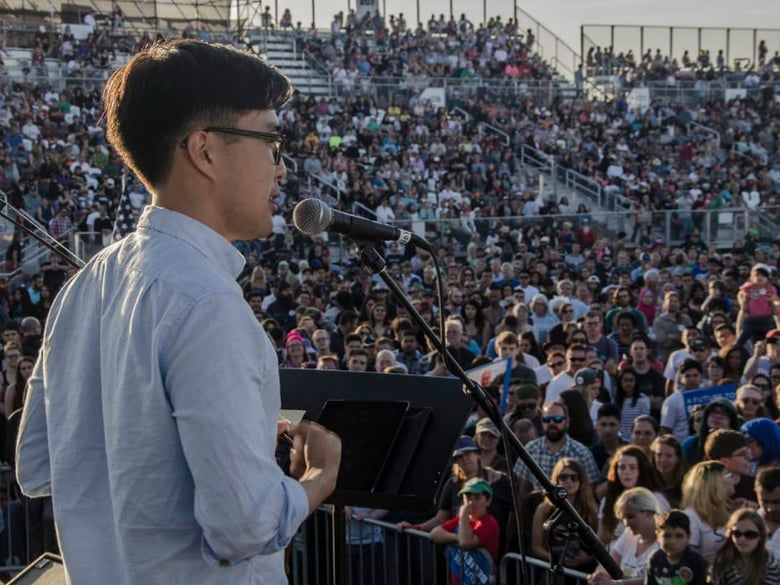 Joe Kye performing at the Bernie Sanders rally in Sacramento in early May. 
