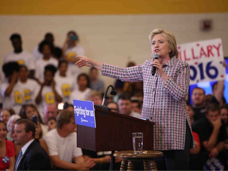 Democratic presidential candidate Hillary Clinton speaks at a campaign rally Sunday evening at Sacramento City College.