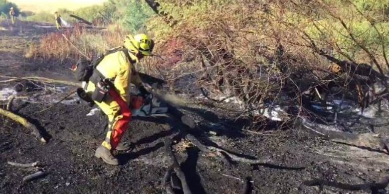 Firefighters extinguishing a 4.5 acre grass fire on the East Levee. Sac Fire.