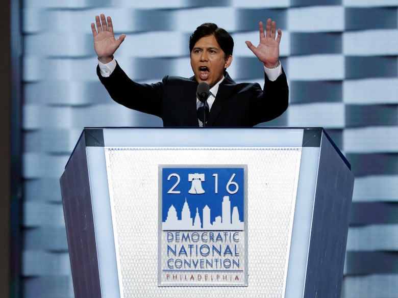 State Sen. Kevin de Leon, D- Calif., speaks during the first day of the Democratic National Convention in Philadelphia, Monday, July 25, 2016. 
