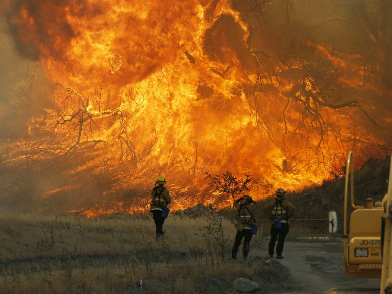 A hillside erupts in flame as a raging wildfire fire burns in Placerita Canyon in Santa Clarita, Calif., Monday, July 25, 2016.