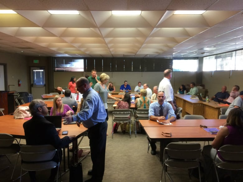 Yuba City School District Administers gather late Tuesday afternoon to discuss the strike announcement made by the Yuba City Teachers Union. The strike is set to begin Thursday.