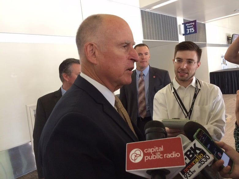 California Gov. Jerry Brown speaks with reporters in Sacramento on Wednesday, September 7th, 2016.