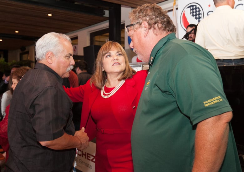 File photo: Loretta Sanchez greets her supporters from the Ironworkers Union on the night of the California primary election in Anaheim, California, on Tuesday, June 7, 2016.