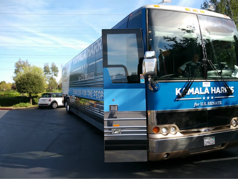 California Senate candidate Kamala Harris rides this bus to the Sacramento suburb of Elk Grove to campaign.