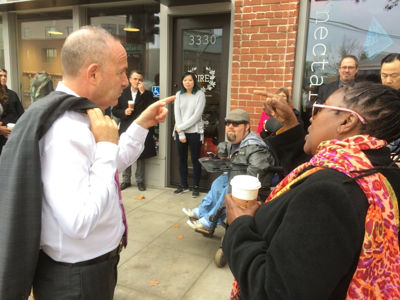 Darrell Steinberg and Barbara Range of the Brickhouse Art Gallery talk about pedestrian safety on Broadway.