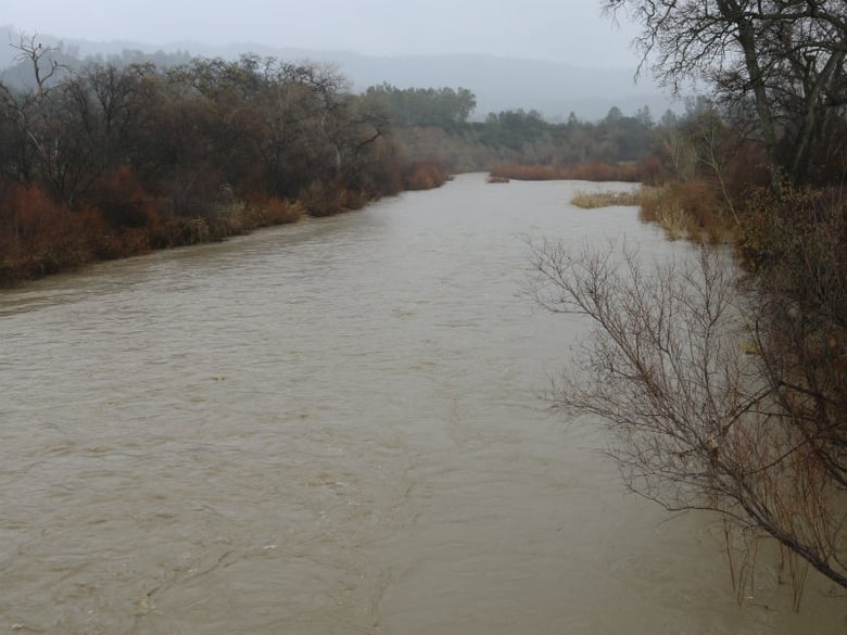 A view of Cache Creek from the Rumsey Bridge on Monday. Farmers said the creek spilled over in some areas of Capay Valley Sunday.